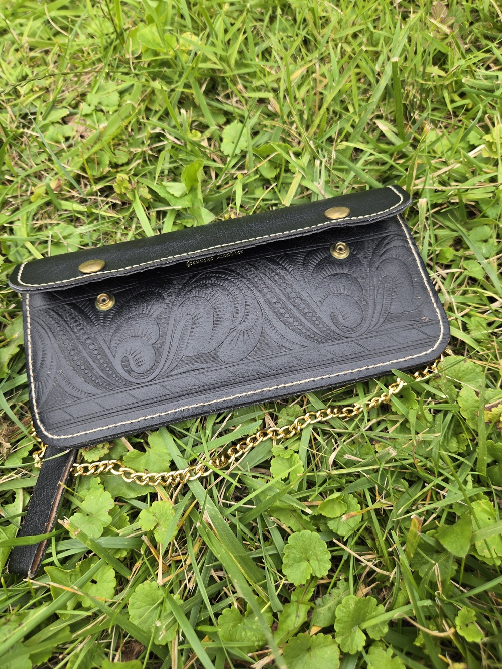 Genuine Leather Black Crossbody Clutch Wallet Gold Chain Embossed Organizer